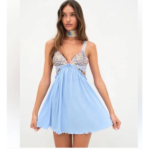 For Love And Lemons Louise Blue Ruffled Tiered Babydoll Mini Dress Size S - Picture 1 of 9